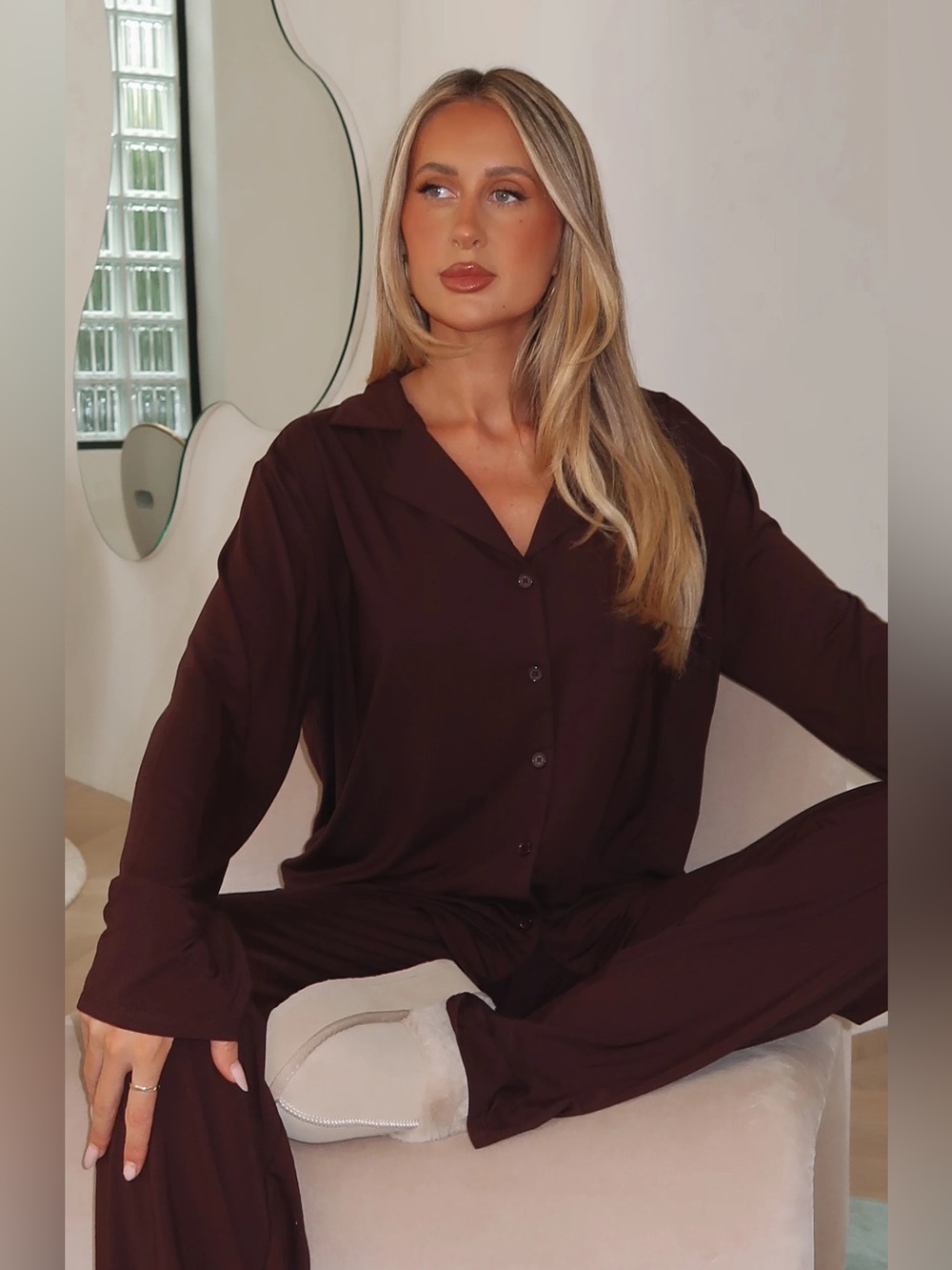 White Fox Boutique Chocolate Brown Cozy Soft Pillow Talk Long Sleeve Pyjama Set